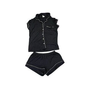 Kyte Baby Women’s Short Sleeve Pajama Set Midnight Cloud Trim Black Button Front
